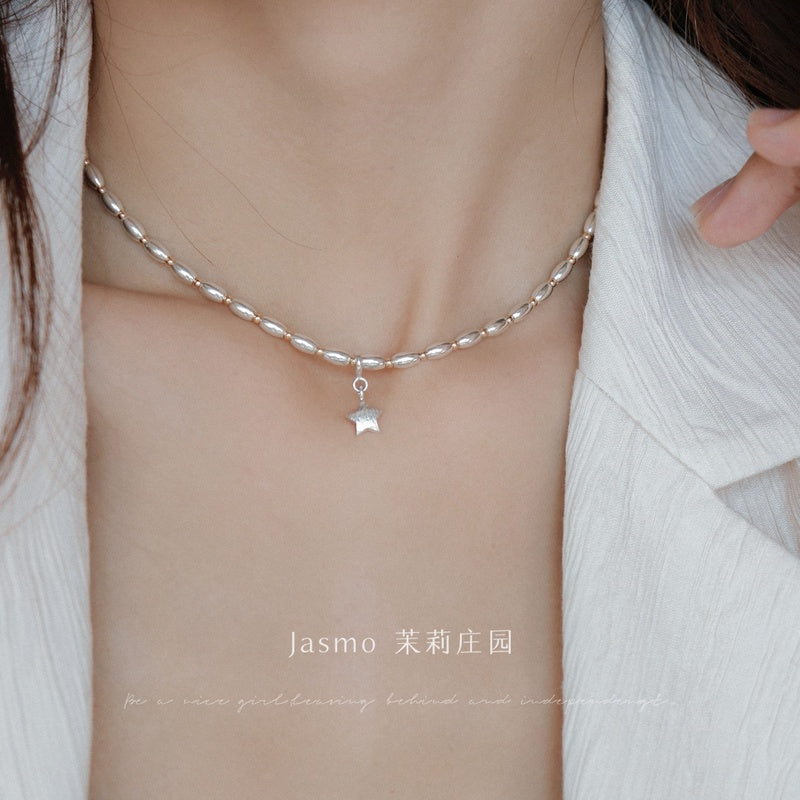 Star Pendant Oval Silver Beaded Necklace