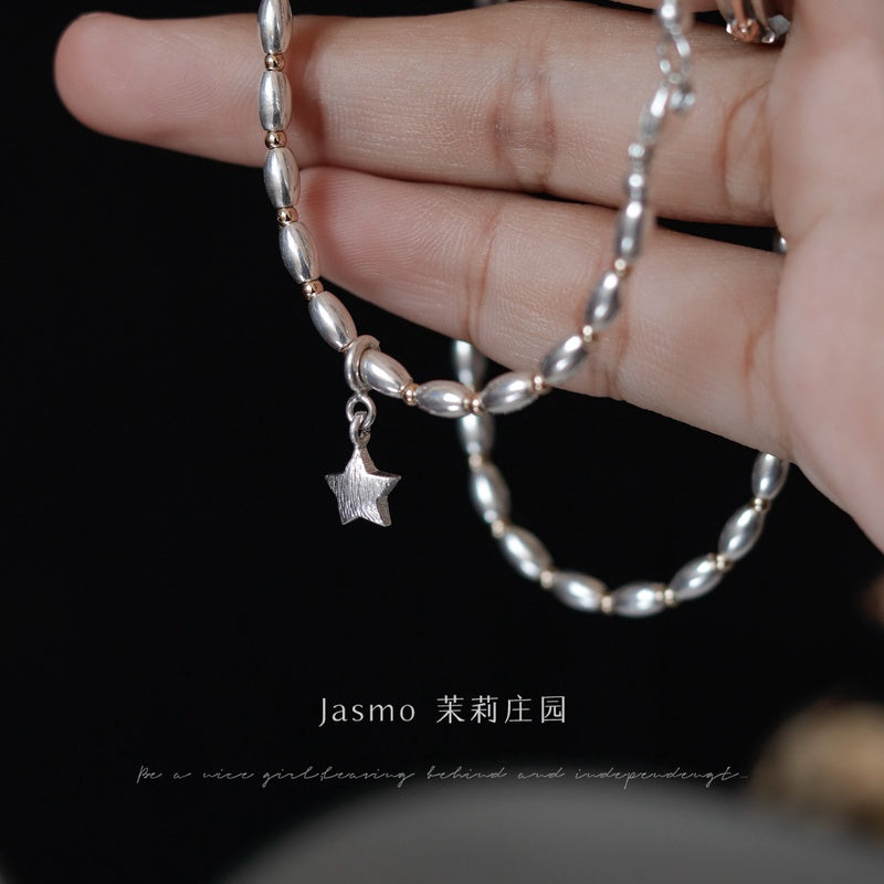 Star Pendant Oval Silver Beaded Necklace