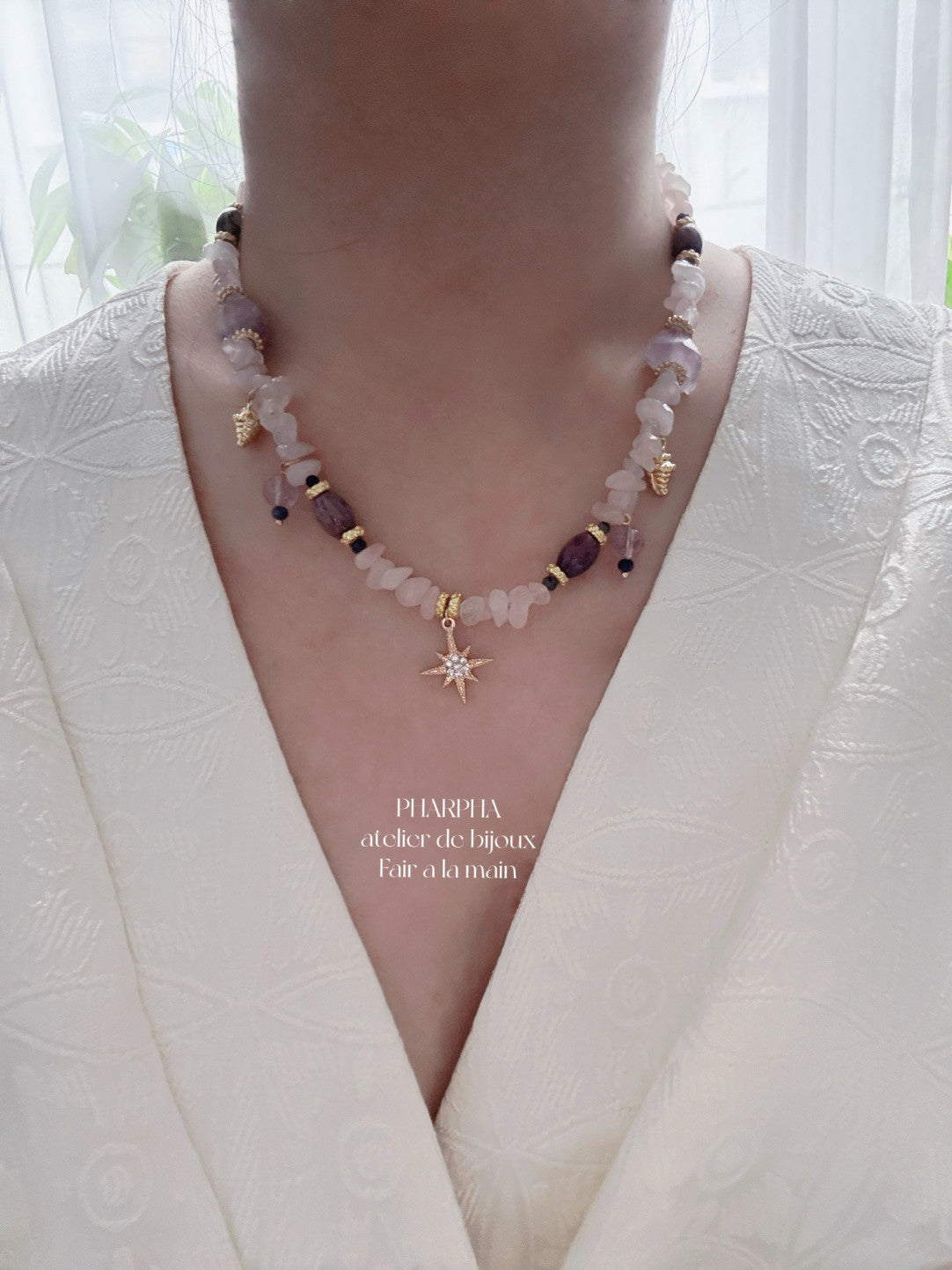 Star Pendant Pink Purple Crystal Beaded Necklace