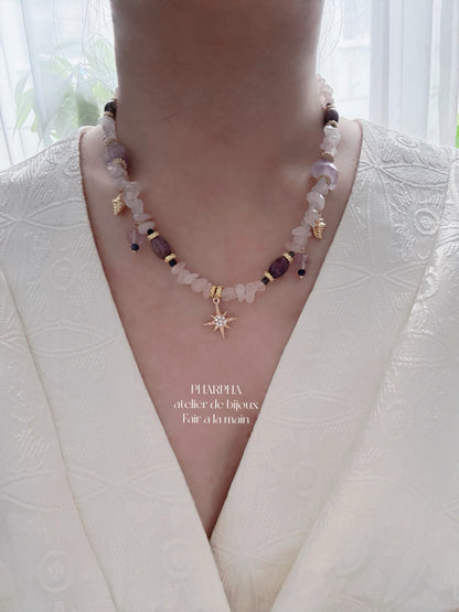 Star Pendant Pink Purple Crystal Beaded Necklace