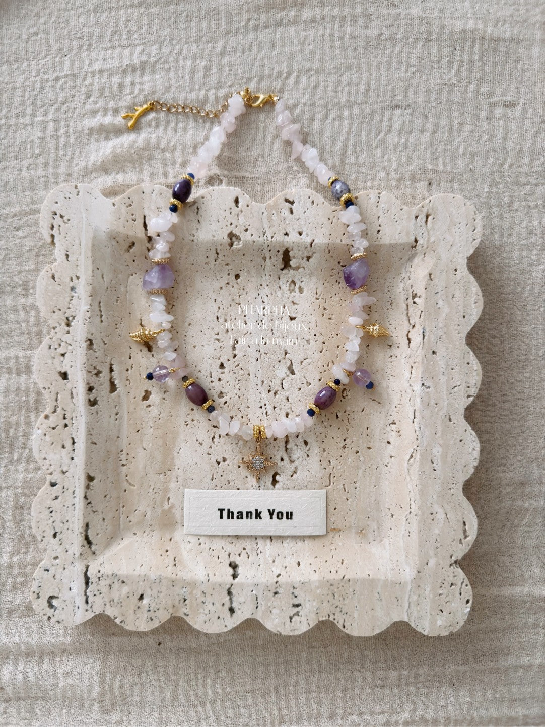 Star Pendant Pink Purple Crystal Beaded Necklace