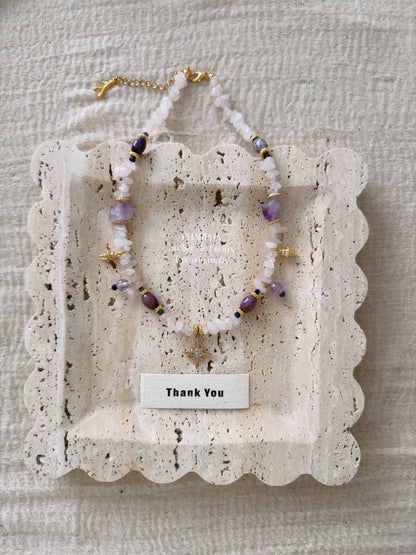 Star Pendant Pink Purple Crystal Beaded Necklace