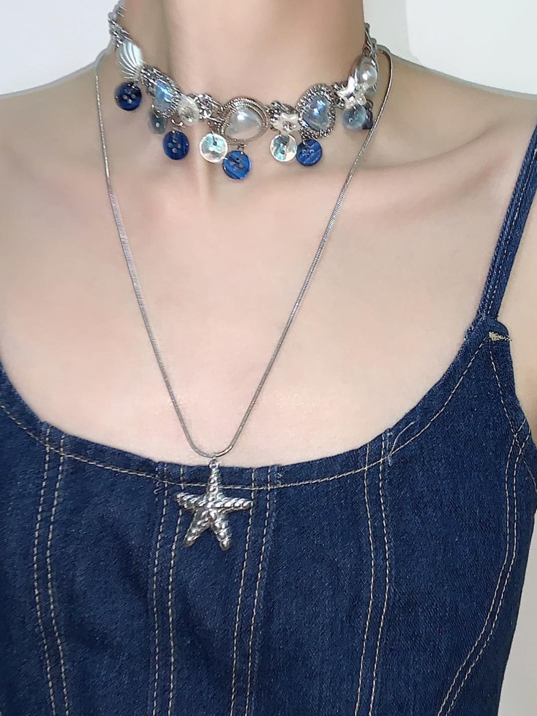 Starfish Pendant Buttons Decor Layered Choker Necklace