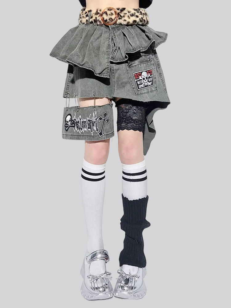 Street Style Ruffled Layered Denim Mini Skirt