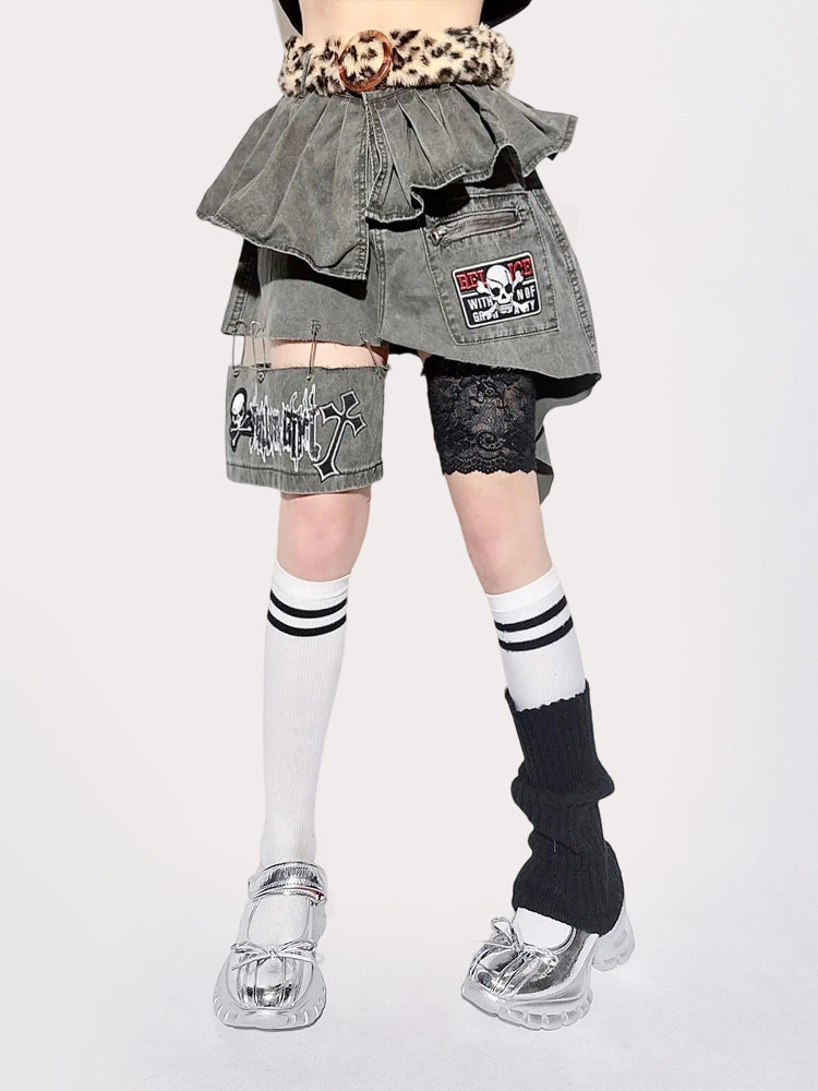 Street Style Ruffled Layered Denim Mini Skirt