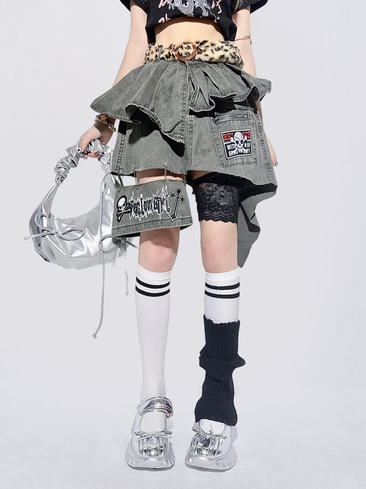 Street Style Ruffled Layered Denim Mini Skirt