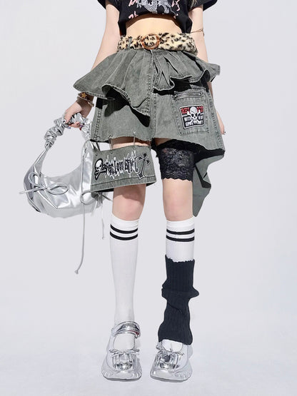 Street Style Ruffled Layered Denim Mini Skirt