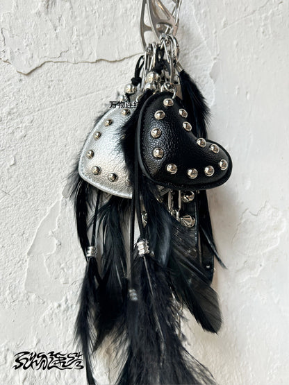 Studded Punk Heart Feather Bag Charm | Charm | Three Fleas