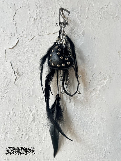 Studded Punk Heart Feather Bag Charm | Charm | Three Fleas