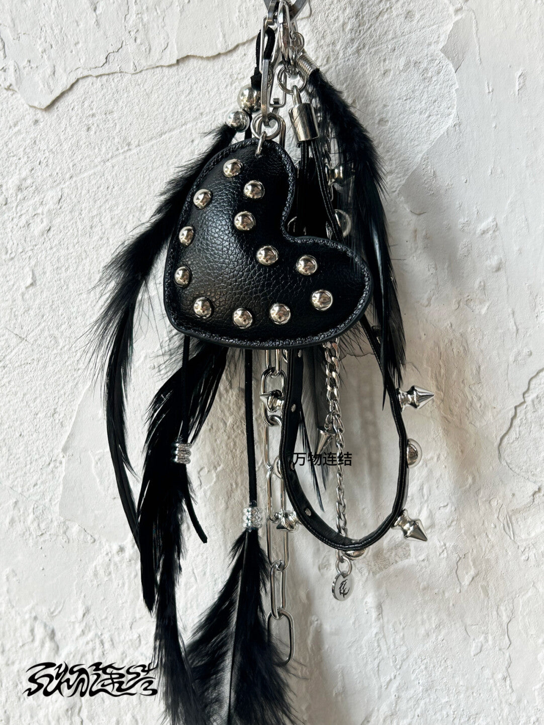 Studded Punk Heart Feather Bag Charm | Charm | Three Fleas