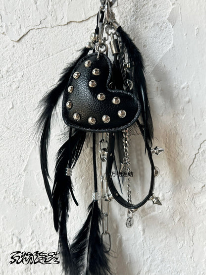 Studded Punk Heart Feather Bag Charm | Charm | Three Fleas