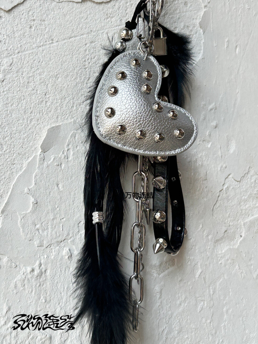 Studded Punk Heart Feather Bag Charm | Charm | Three Fleas