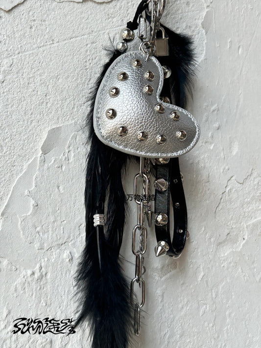 Studded Punk Heart Feather Bag Charm | Charm | Three Fleas