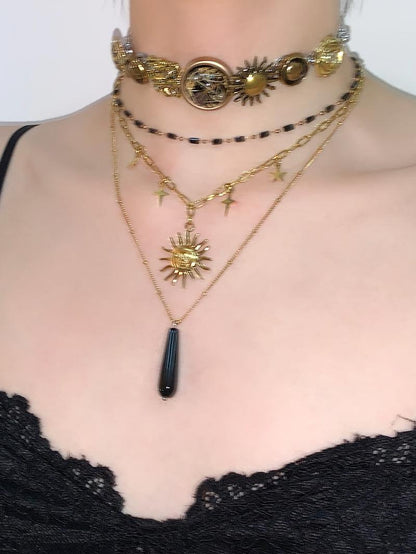 Sun Pendant Buttons Layered Choker Necklace