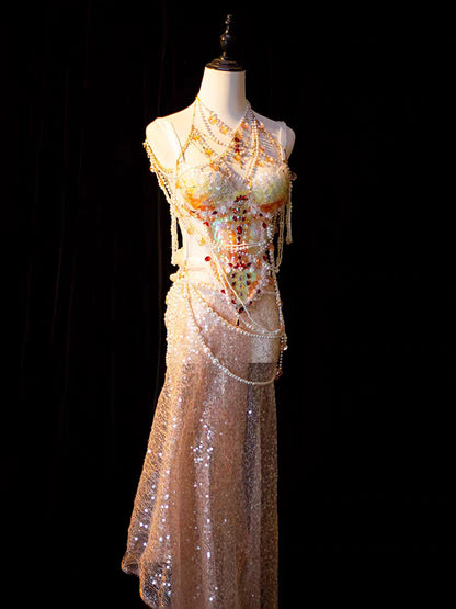 Sunset Mermaid Princess Pearl Beaded Irredecent Bodice Set