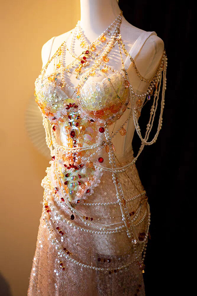 Sunset Mermaid Princess Pearl Beaded Irredecent Bodice Set