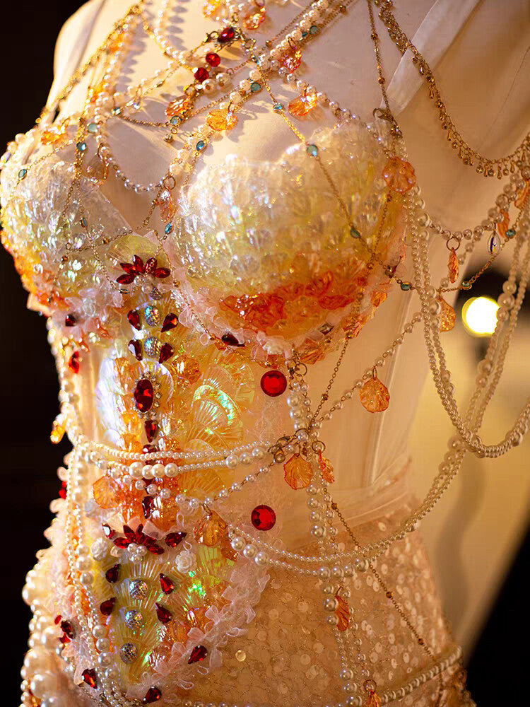 Sunset Mermaid Princess Pearl Beaded Irredecent Bodice Set