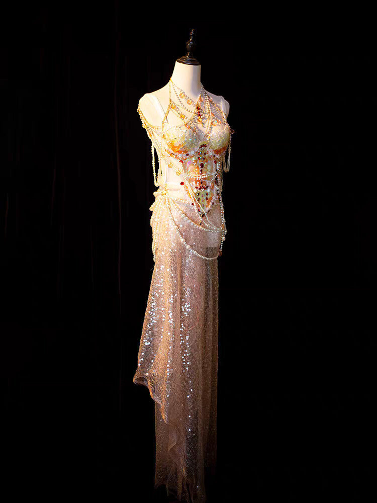 Sunset Mermaid Princess Pearl Beaded Irredecent Bodice Set