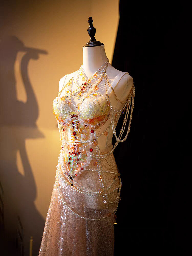 Sunset Mermaid Princess Pearl Beaded Irredecent Bodice Set