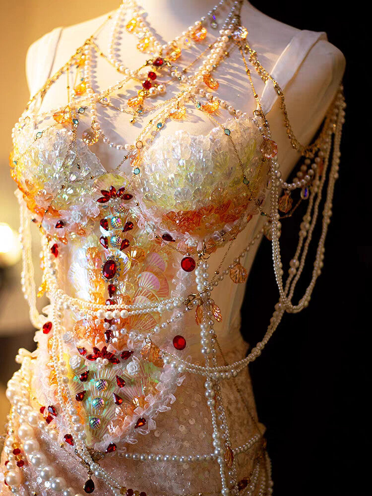 Sunset Mermaid Princess Pearl Beaded Irredecent Bodice Set