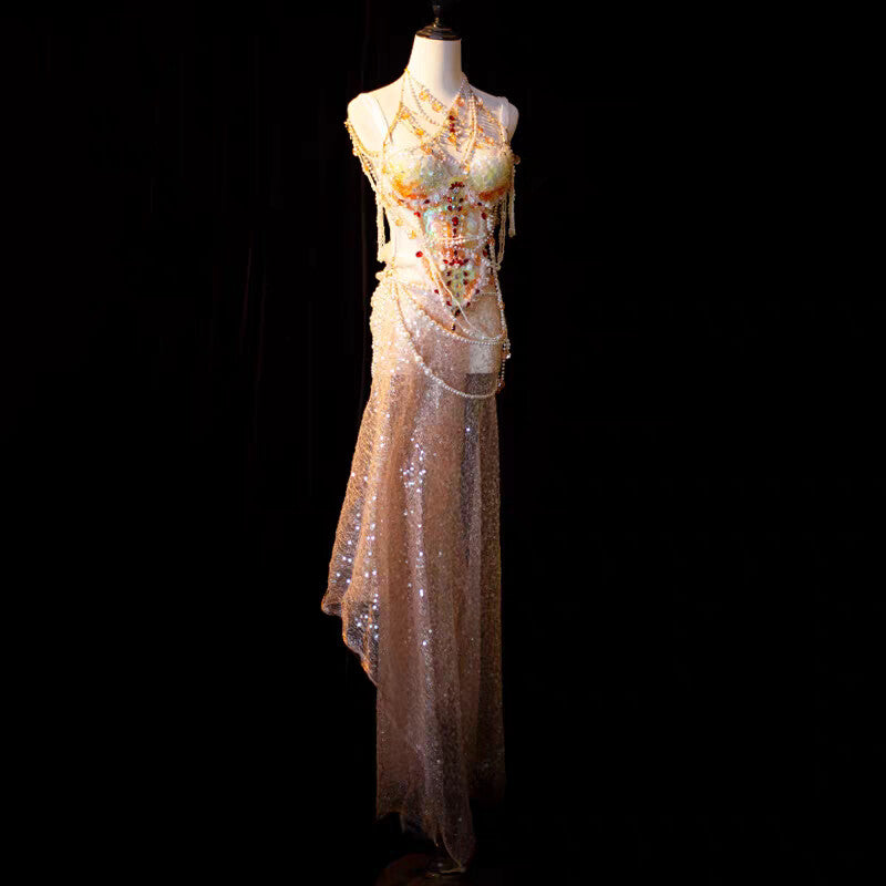 Sunset Mermaid Princess Pearl Beaded Irredecent Bodice Set