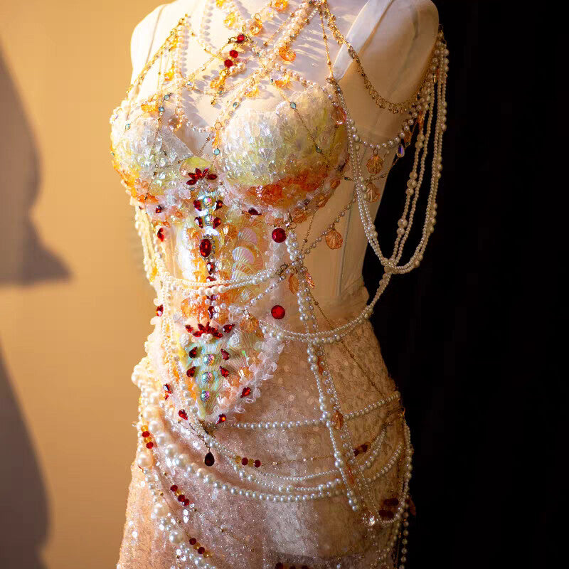 Sunset Mermaid Princess Pearl Beaded Irredecent Bodice Set