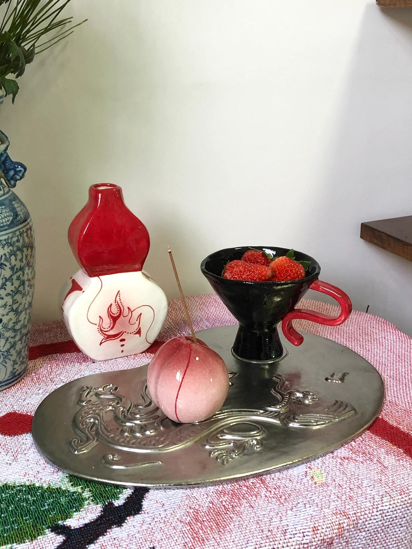 Surreal Peach Incense Holder | Plate/Vases Set | Three Fleas