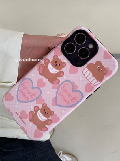 Sweat Pink Bear Printed Double Layer Phone Case
