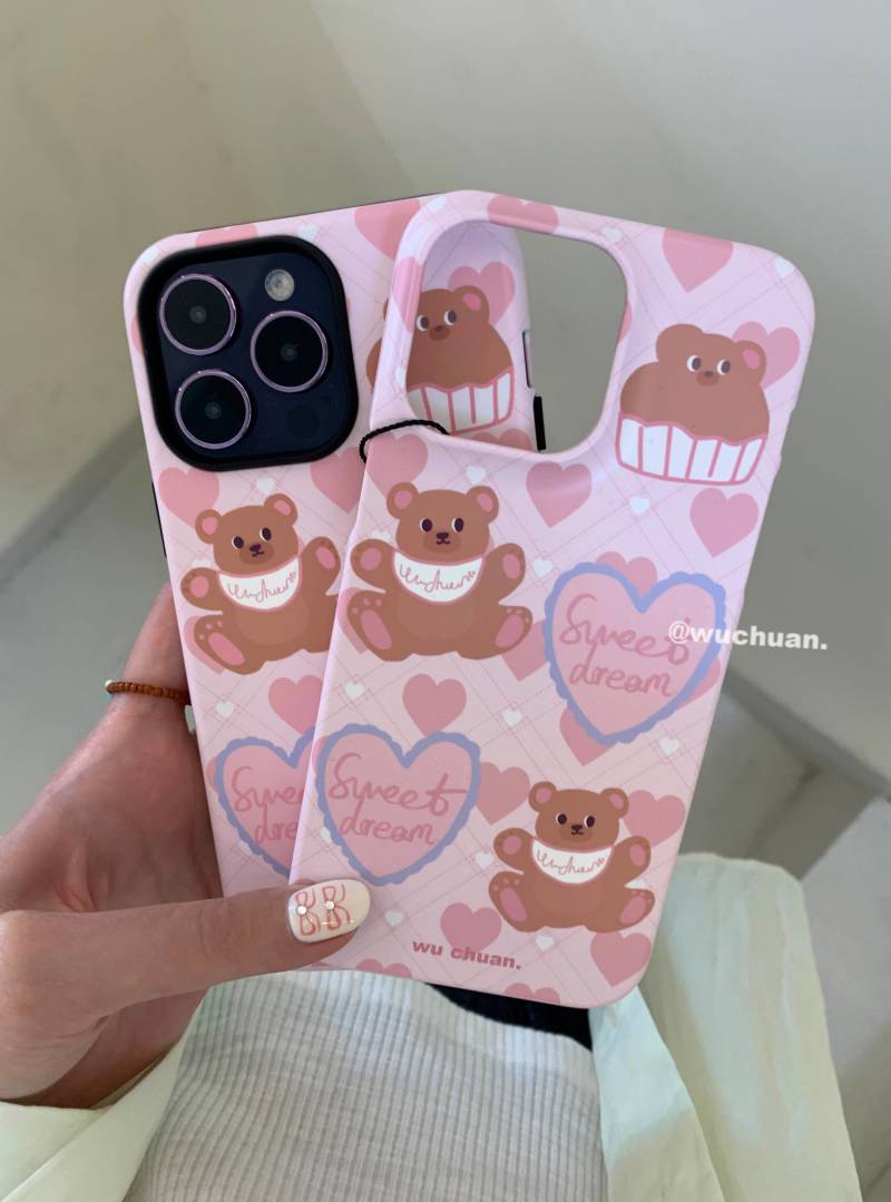 Sweat Pink Bear Printed Double Layer Phone Case