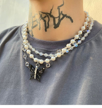 Three Strand Butterfly Pendant Pearl Necklace