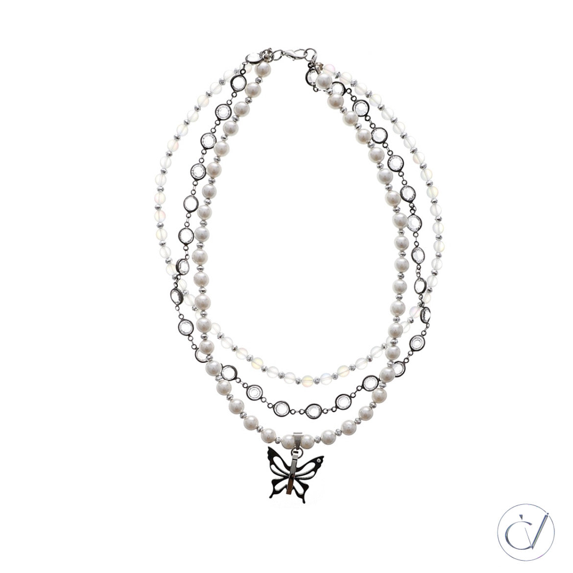 Three Strand Butterfly Pendant Pearl Necklace