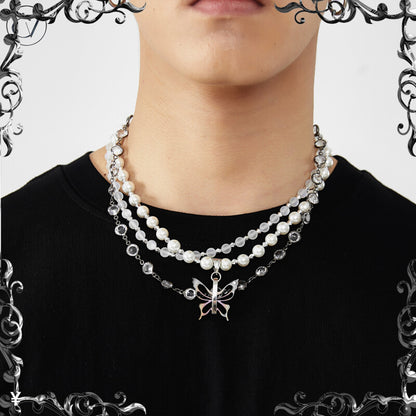 Three Strand Butterfly Pendant Pearl Necklace