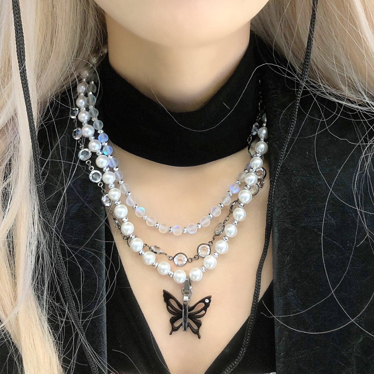 Three Strand Butterfly Pendant Pearl Necklace