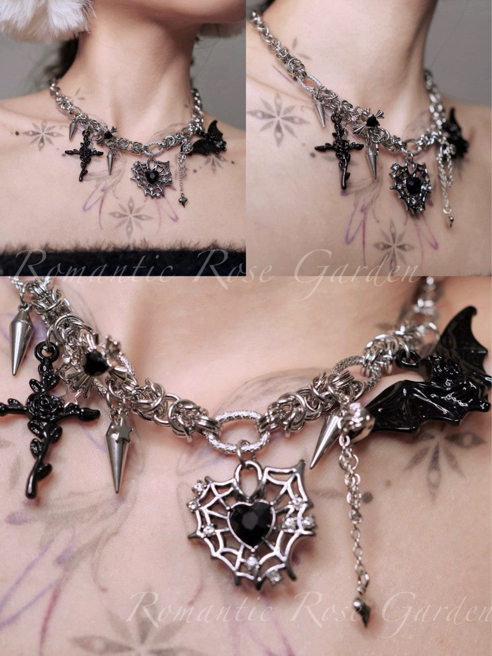 Three Strand Gothic Spider Web Heart Choker