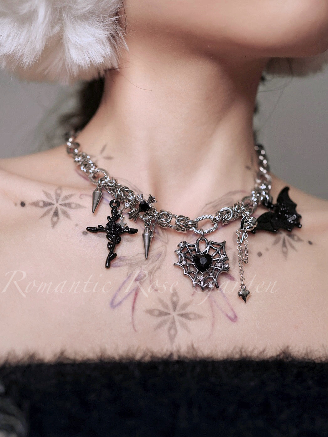 Three Strand Gothic Spider Web Heart Choker
