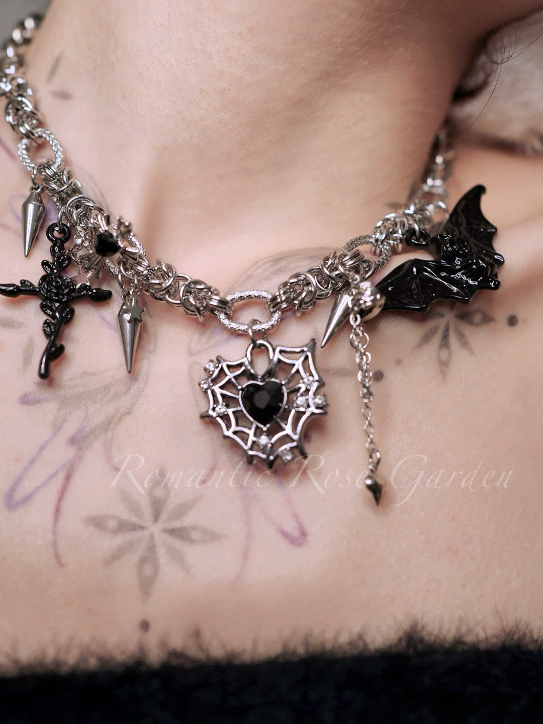 Three Strand Gothic Spider Web Heart Choker