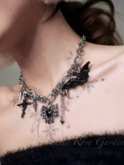 Three Strand Gothic Spider Web Heart Choker