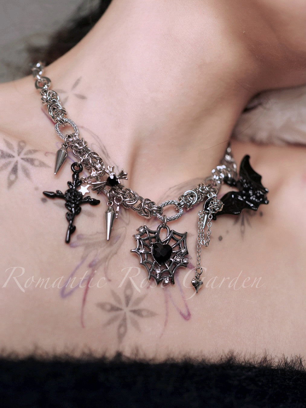 Three Strand Gothic Spider Web Heart Choker