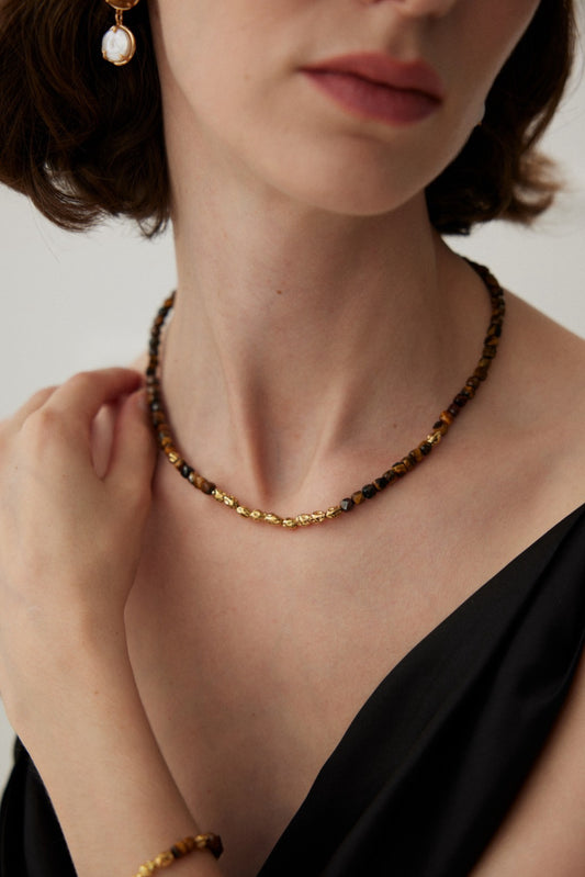 Tiger's Eye Stones Silver Beaded Necklace