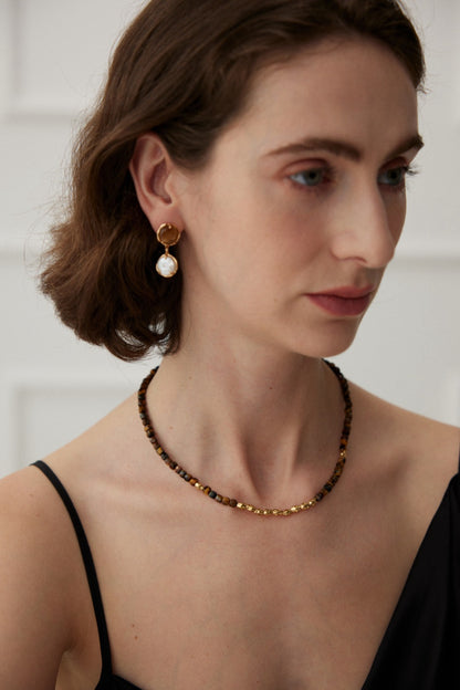 Tiger's Eye Stones Silver Beaded Necklace