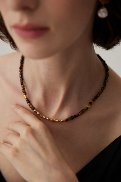 Tiger's Eye Stones Silver Beaded Necklace
