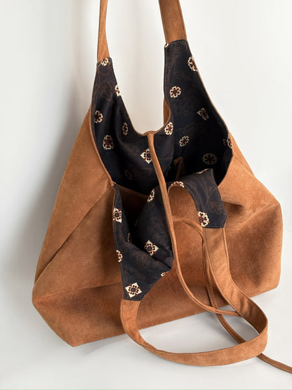 [Chinoiserie] Traditional Pattern Double-Sided Suede Hobo Bag