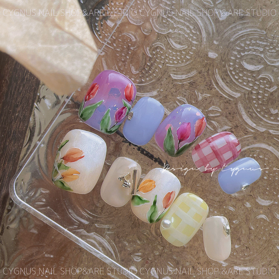 Tulip Fields Hand Painted Press On Nails Set