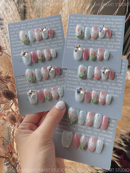 Tulip Spring Hand Painted Press On Nails Set
