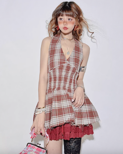 Two-Piece Plaid Halter Cake Skirt Set