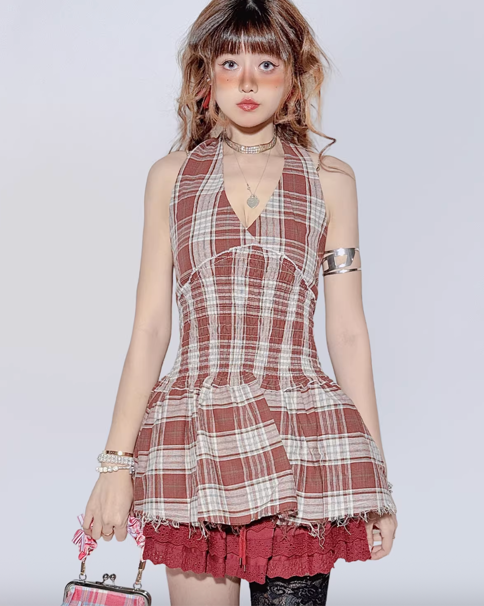 Two-Piece Plaid Halter Cake Skirt Set