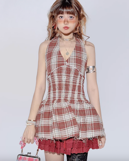 Two-Piece Plaid Halter Cake Skirt Set