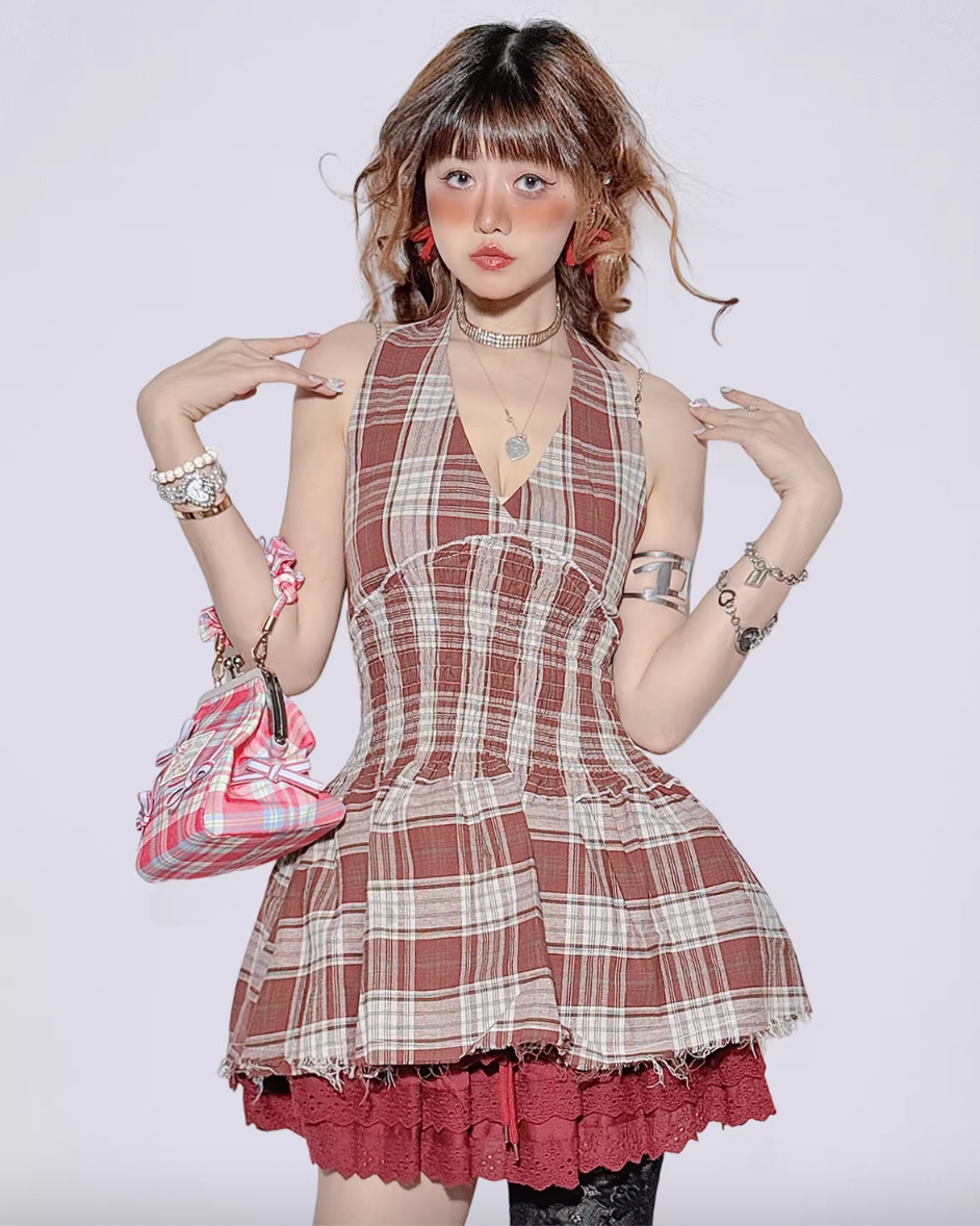 Two-Piece Plaid Halter Cake Skirt Set