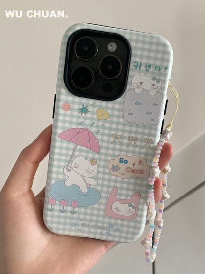 Umbrella Kitten Plaid Printed Double Layer Phone Case