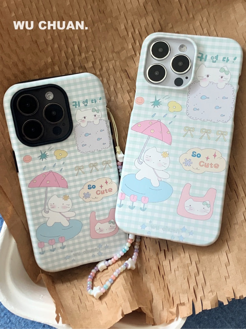 Umbrella Kitten Plaid Printed Double Layer Phone Case